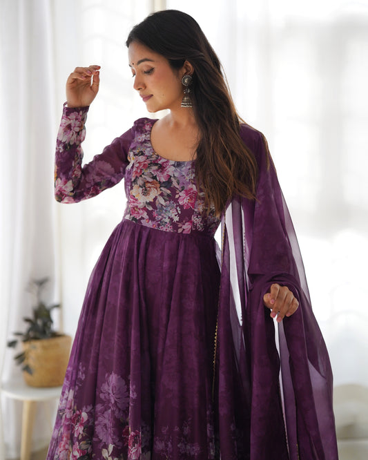Purple Color Organza Silk With Digital Printed Long Gown With Dupatta