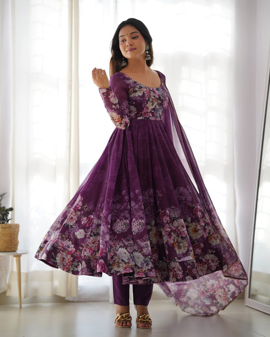 Purple Color Organza Silk With Digital Printed Long Gown With Dupatta