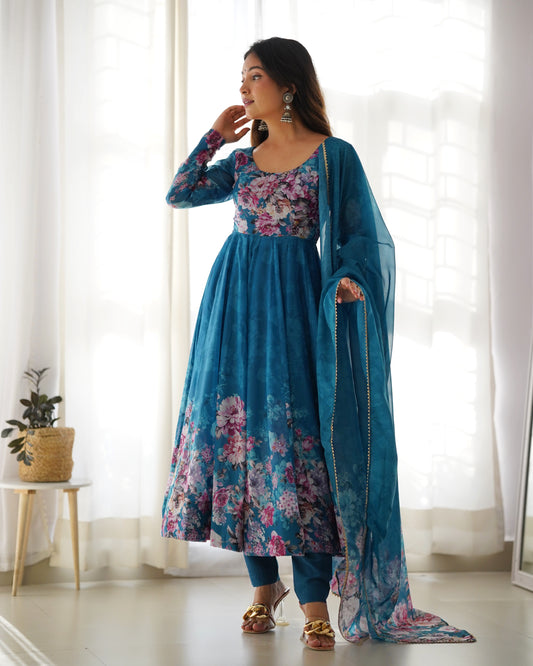 Sky Blue Color Organza Silk With Digital Printed Anarkali Gown