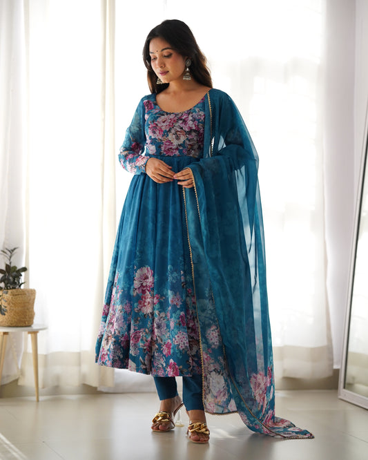 Sky Blue Color Organza Silk With Digital Printed Anarkali Gown