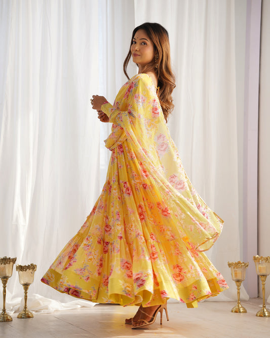 Yellow Color DIgital Printed Long Anarkali Suit For Women