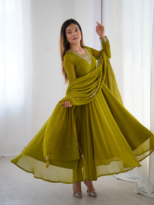 Parrot Green Soft Faux Georgette Jari Work Anarkali Gown