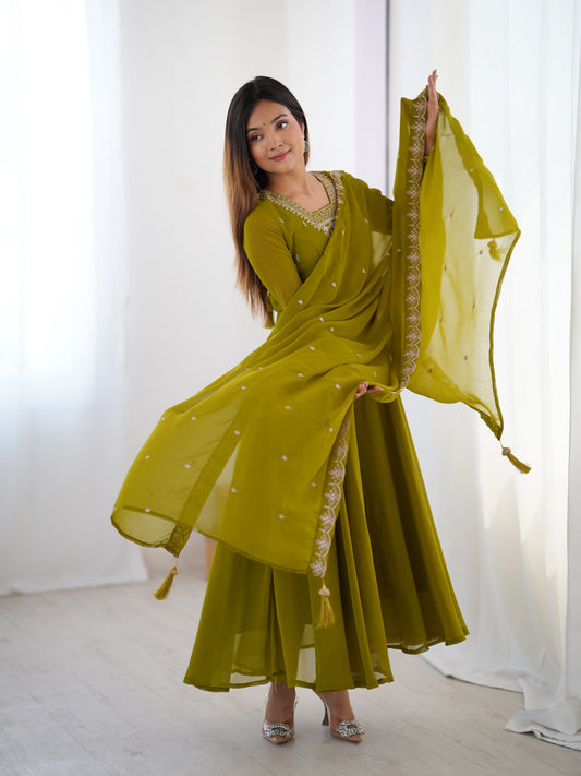 Parrot Green Soft Faux Georgette Jari Work Anarkali Gown
