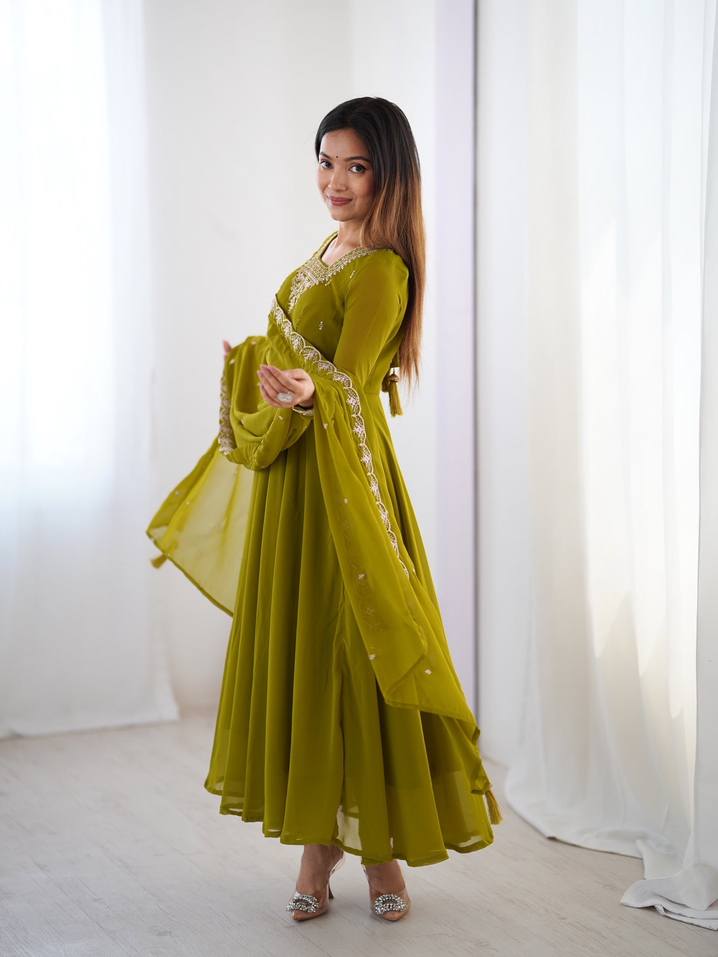 Parrot Green Soft Faux Georgette Jari Work Anarkali Gown