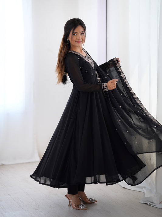 Black Color Heavy Soft Georgette With Embroidery Work Anarkali Gown