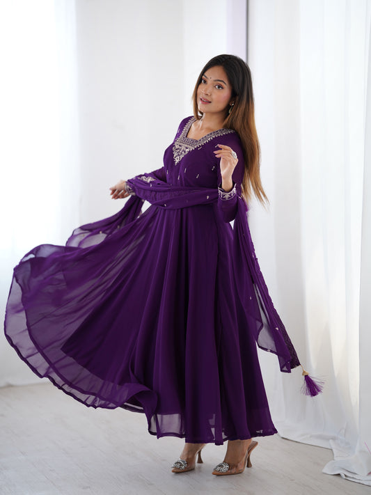 Purple Color Pure Soft Georgette With Embroidery Work Anarkali Gown