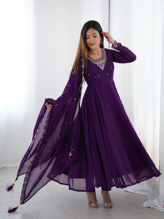 Purple Color Pure Soft Georgette With Embroidery Work Anarkali Gown