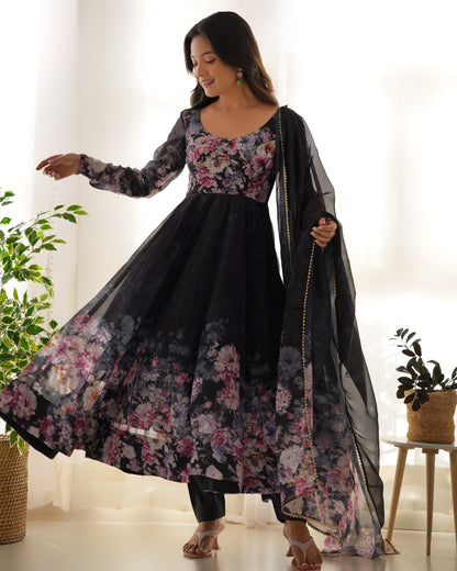 Black Color Soft Organza With Flower Printed Long Anarkali Gown