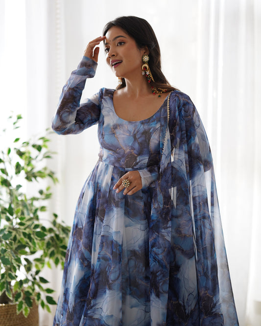 Blue Color Organza Silk With Digital Printed Flower Printed Anarkali Gown