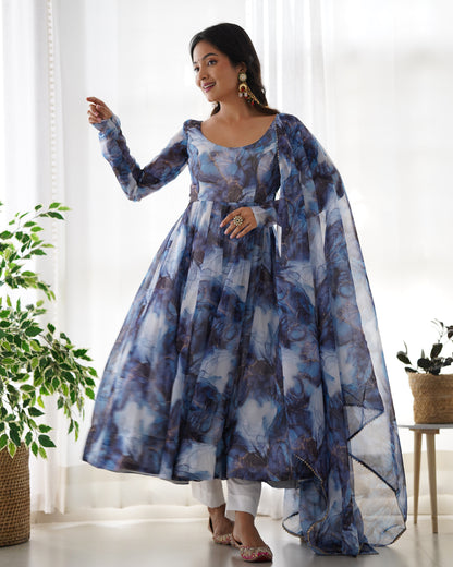 Blue Color Organza Silk With Digital Printed Flower Printed Anarkali Gown