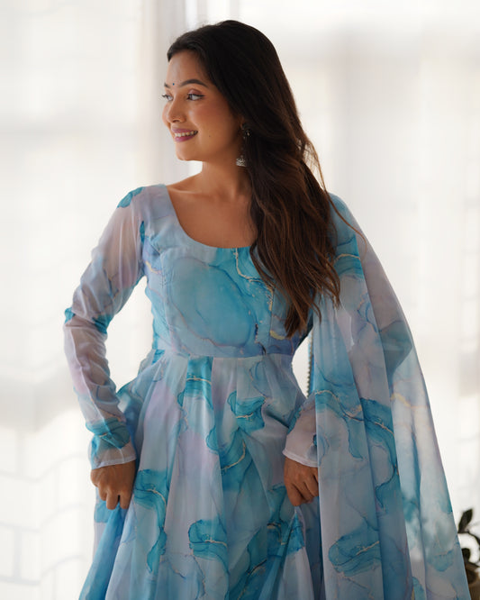Sky Blue Color Organza Silk With Flower Digital Printed Long Anarkali Gown