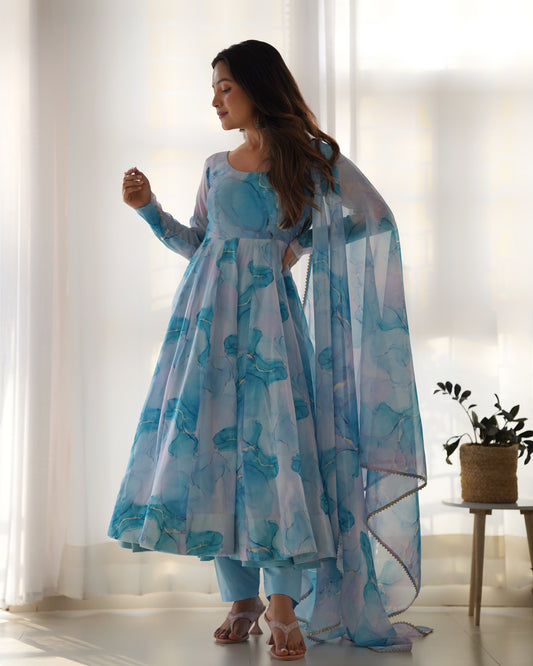 Sky Blue Color Organza Silk With Flower Digital Printed Long Anarkali Gown