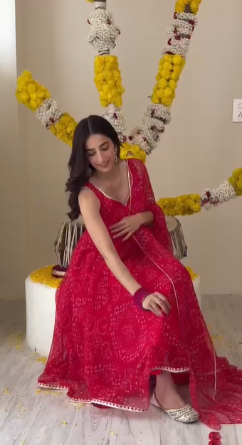 Red Color Digital Printed Organza Silk Fully Flair Anarkali Suit