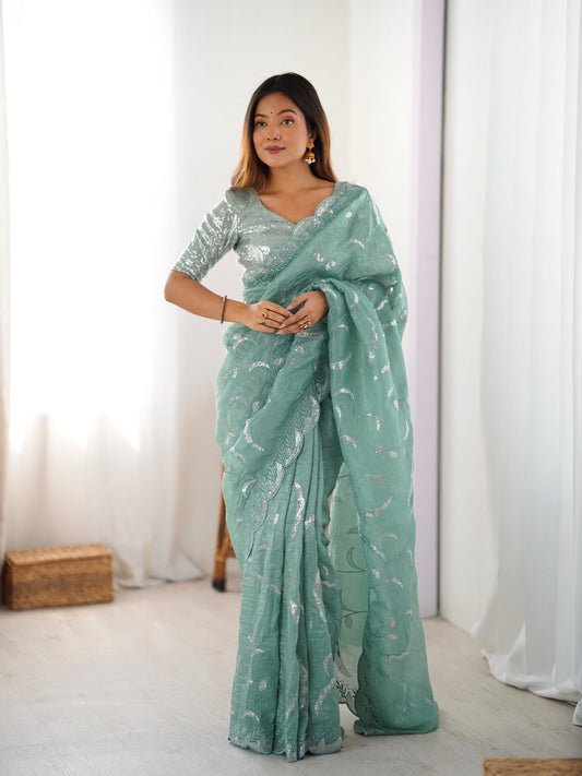 Sky Blue Color Wedding Wear Sequence Work Saree