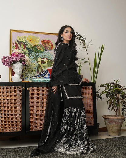 Black Colour Festive Wear Embroidery Sequence Work Sharara Suit