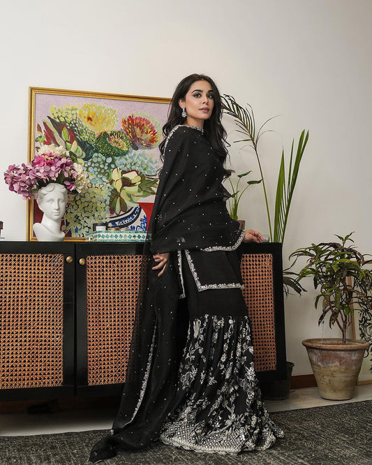 Black Colour Festive Wear Embroidery Sequence Work Sharara Suit