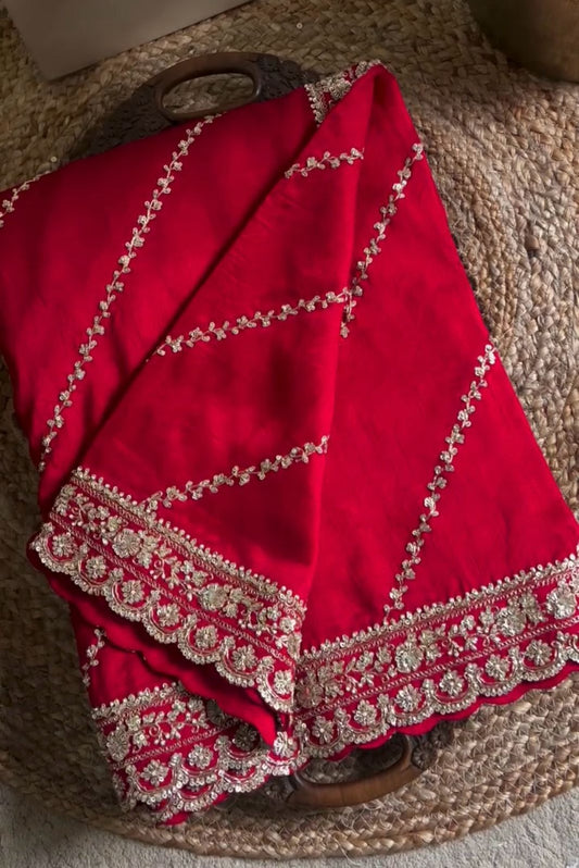 Red Color Chinon Silk With Sequence Work Saree For Wedding