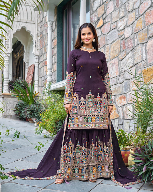 Purple Color Chinon Silk With Embroidery Work Sharara Suit