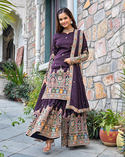 Purple Color Chinon Silk With Embroidery Work Sharara Suit
