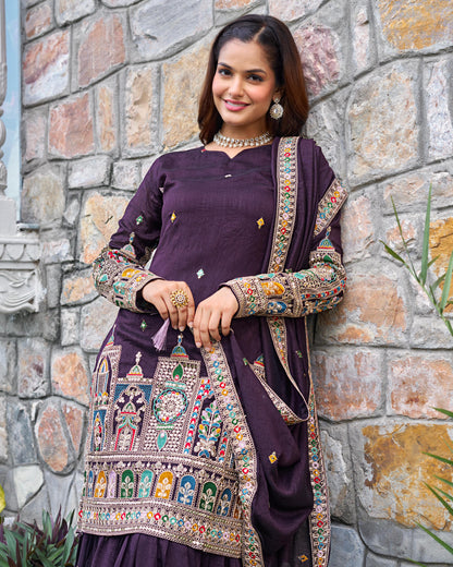 Purple Color Chinon Silk With Embroidery Work Sharara Suit