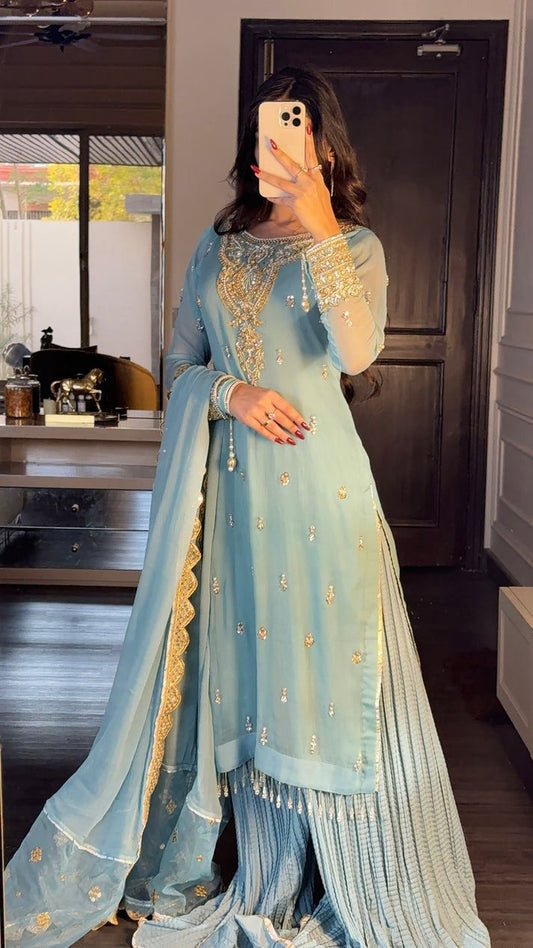 Sky Blue Color Faux Georgette With Sequence Work Sharara Suit
