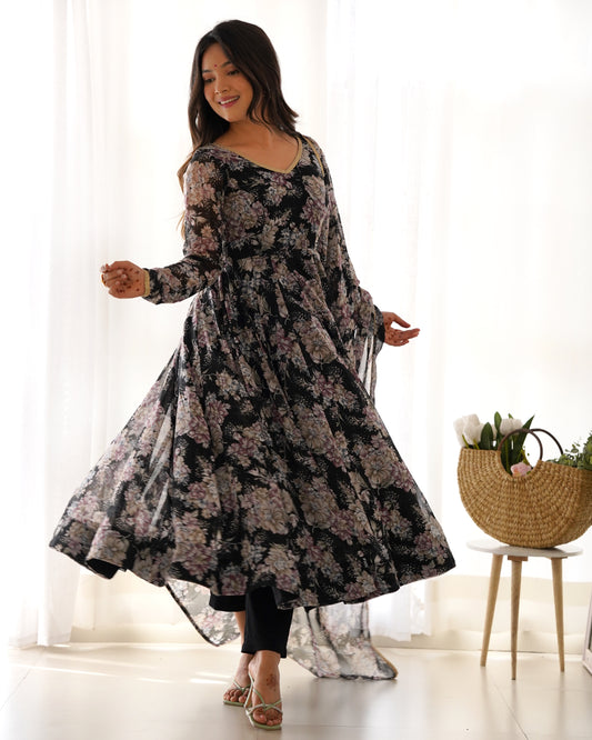 Black Color Digital Printed Anarkali Gown With Dupatta