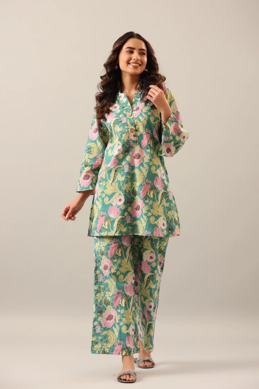 Beauty Greenish Light Tone Floral Co-Ord Set For Women
