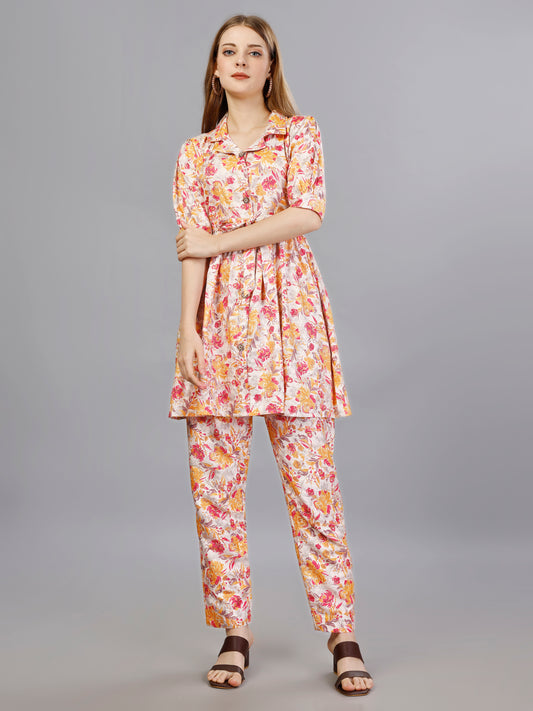Stylish Peach Floral Printed Cotton Co-Ord Set