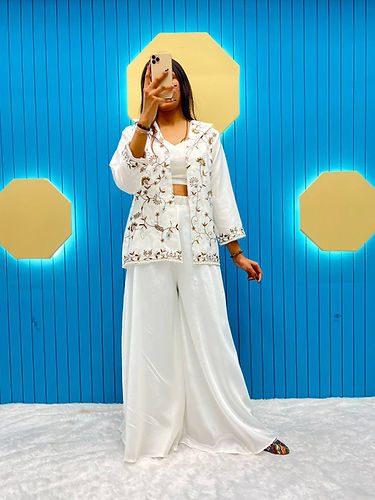Designer White Colour Fiona Silk Wear Top With Plazo And Shrug