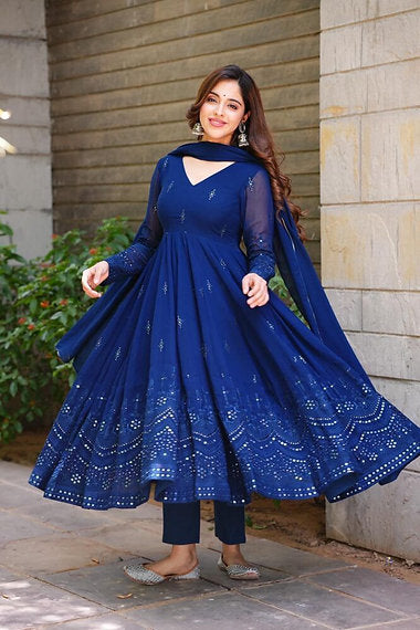 Fancy Looking Blue Color Georgette With Sequence Work Anarkali Suit