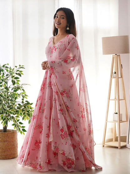 Pink Colour Organza Silk Fully Flair Flower Printed Gown