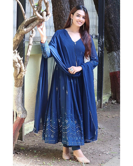 Fancy Looking Blue Color Georgette With Sequence Work Anarkali Suit