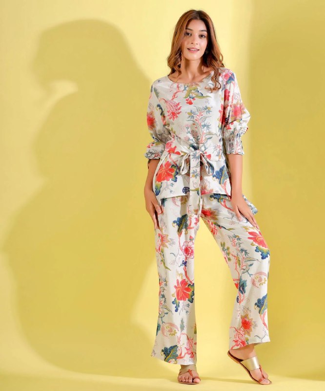 Beautiful Floral Printed Creamy White Co-Ord Set For Women