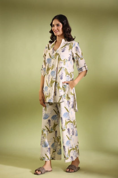 Cream Light Floral Leaves Printed  Cotton Top & Plazzo