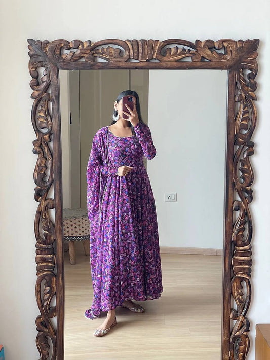 Purple Colour Georgette With Floral Digital Printed Anarkali Gown