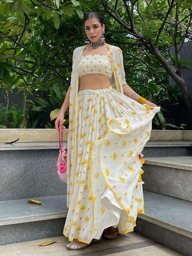 White-mustard Yellow Party Wear Designer Lehenga Choli With Digital Print Womens