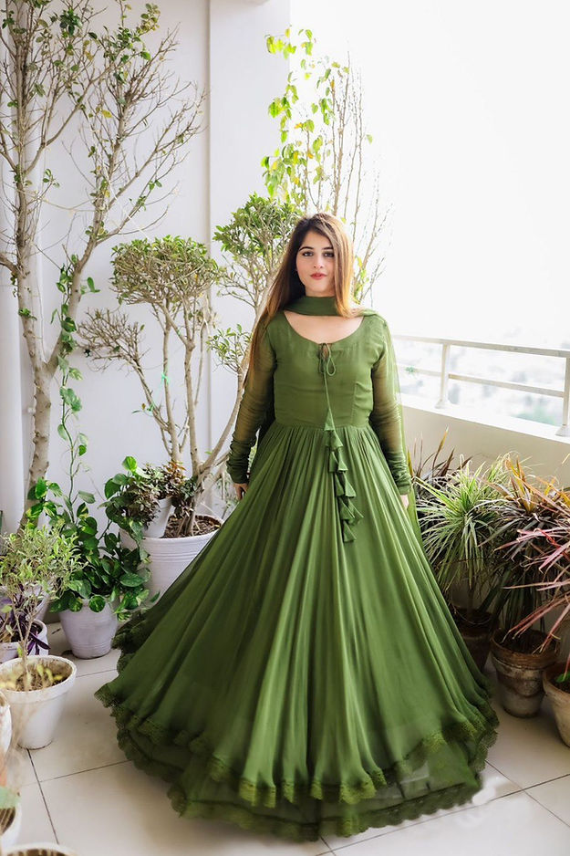 Gorgeous Mehendi Green Georgette Long Anarkali Suit
