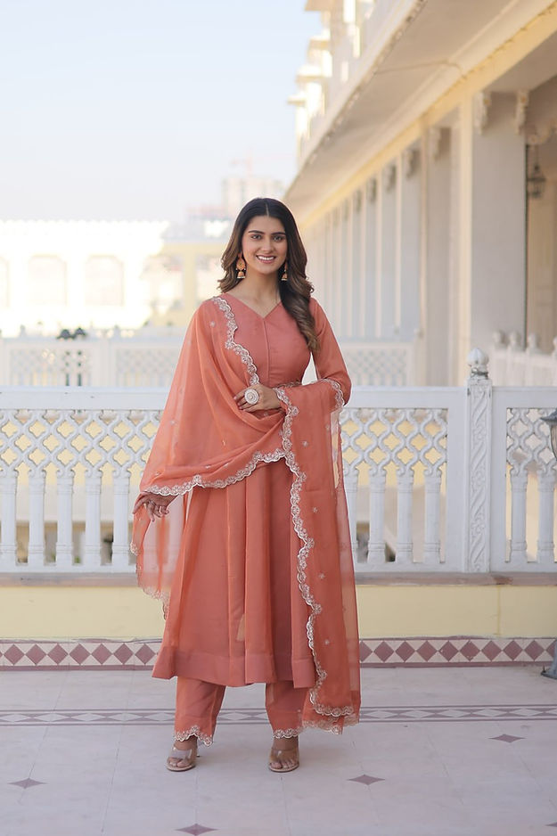 Peach Colour Russian Silk with Kali pattern in flair Gown With Dupatta