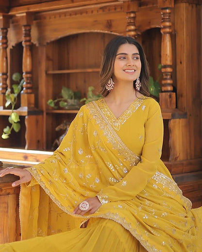 Beautiful Yellow Colour Faux Georgette Ruffle Flair Anarkali Gown