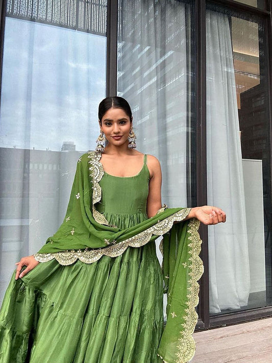Parrot Green Colour Ruffle Flair Anarkali Party Wear Gown