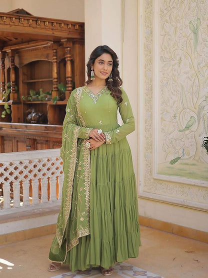 Parrot Green Colour Heavy Georgette Ruffle Flair Anarkali Gown For Party Wear
