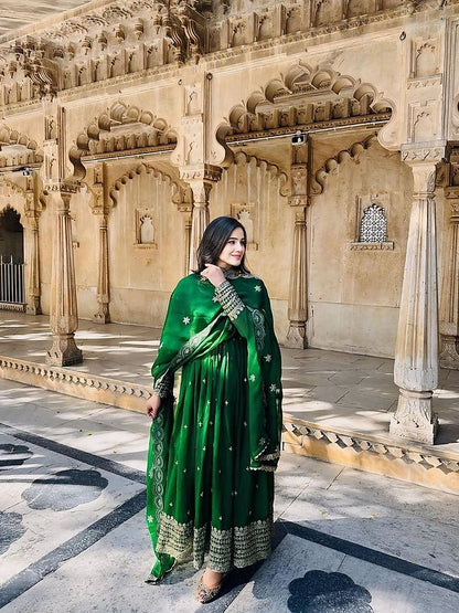 Dark Green Colour Foux Gorgette Anarkali Gown
