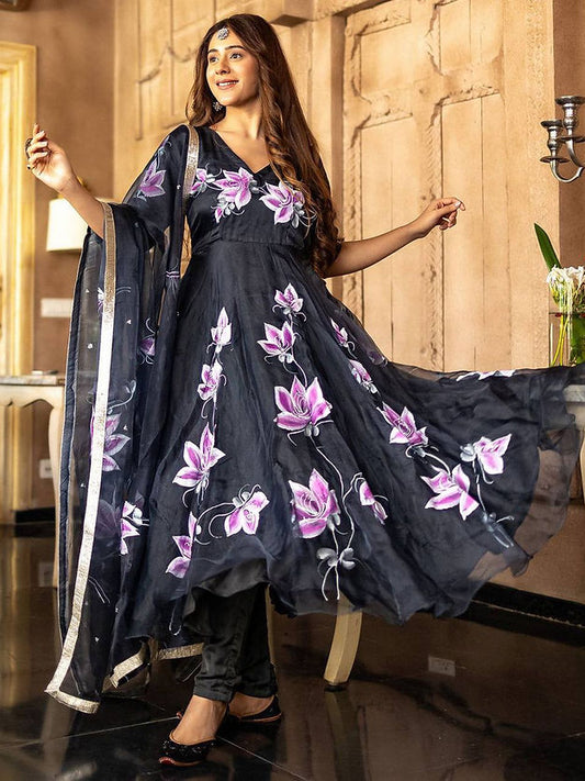 Black Colour Georgette Floral Digital Print Anarkali Gown