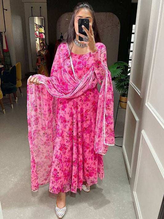 Pink Color Floral Digital Printed Anarkali Gown
