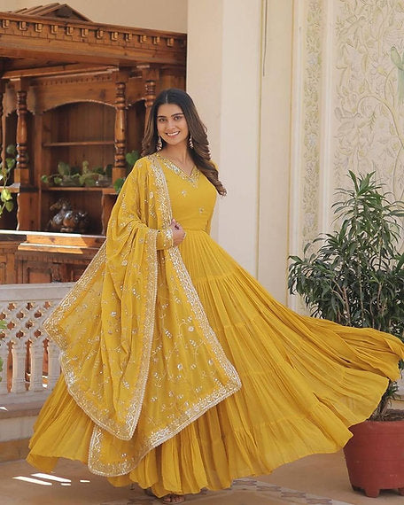 Beautiful Yellow Colour Faux Georgette Ruffle Flair Anarkali Gown