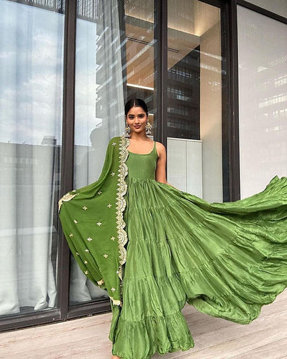 Parrot Green Colour Ruffle Flair Anarkali Party Wear Gown