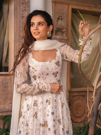 White Colour Embroidery With Sequence Work Anarkali Gown