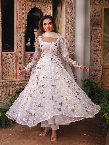 White Colour Embroidery With Sequence Work Anarkali Gown
