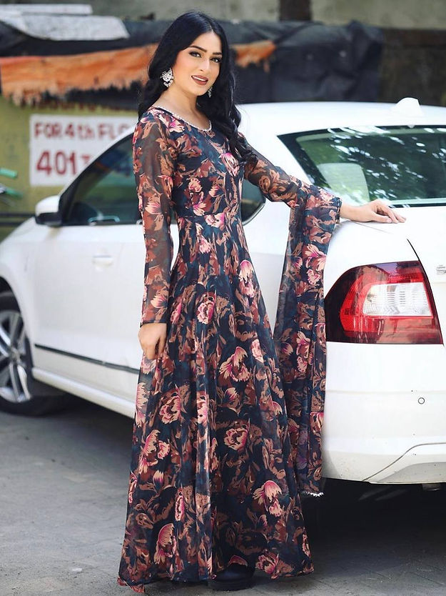 Black Colour Floral Digital Printed Gown WIth Dupatta