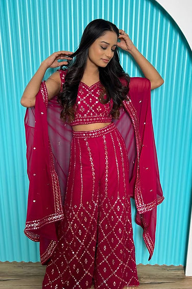 Designer Pink Colour Top Plazzo With Shrug in Thread Work